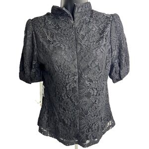 Aqua Bloomingdales Exclusive Black Lace Top Mock Neck Puff Short Sleeve S‎